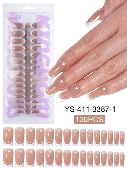 120pcs French Manicure Gel Nail Stickers, Almond Shape, Heart Pattern, Upgraded Quality, Adhesive French Nail Stickers, DIY Nail Art Products, 15 Sizes