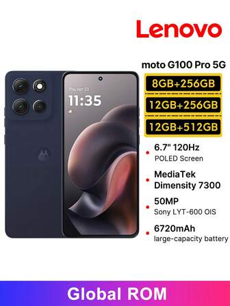 Motorola 联想摩托罗拉 MOTO G100 Pro 5G 智能手机全球版 ROM，6720mAh 电池，30W 快充，联发科天玑 7300 处理器，6.7 英寸 1.5K 护眼屏，120Hz 刷新率，5000 万像素主摄像头，3200 万像素前置摄像头，IP68/IP69 防水，*支持多种语言