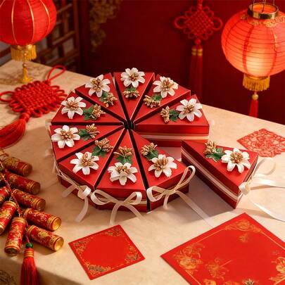 10 piezas Caja de caramelos con forma de pastel triangular con lazo, adecuada para bodas, fiestas de cumpleaños y talla grande, ideal para decoraciones de boda, suministros para pequeños negocios, embalaje, recuerdos de boda, cajas de regalo y decoraciones de recepción, suministros de boda, recuerdos de fiesta