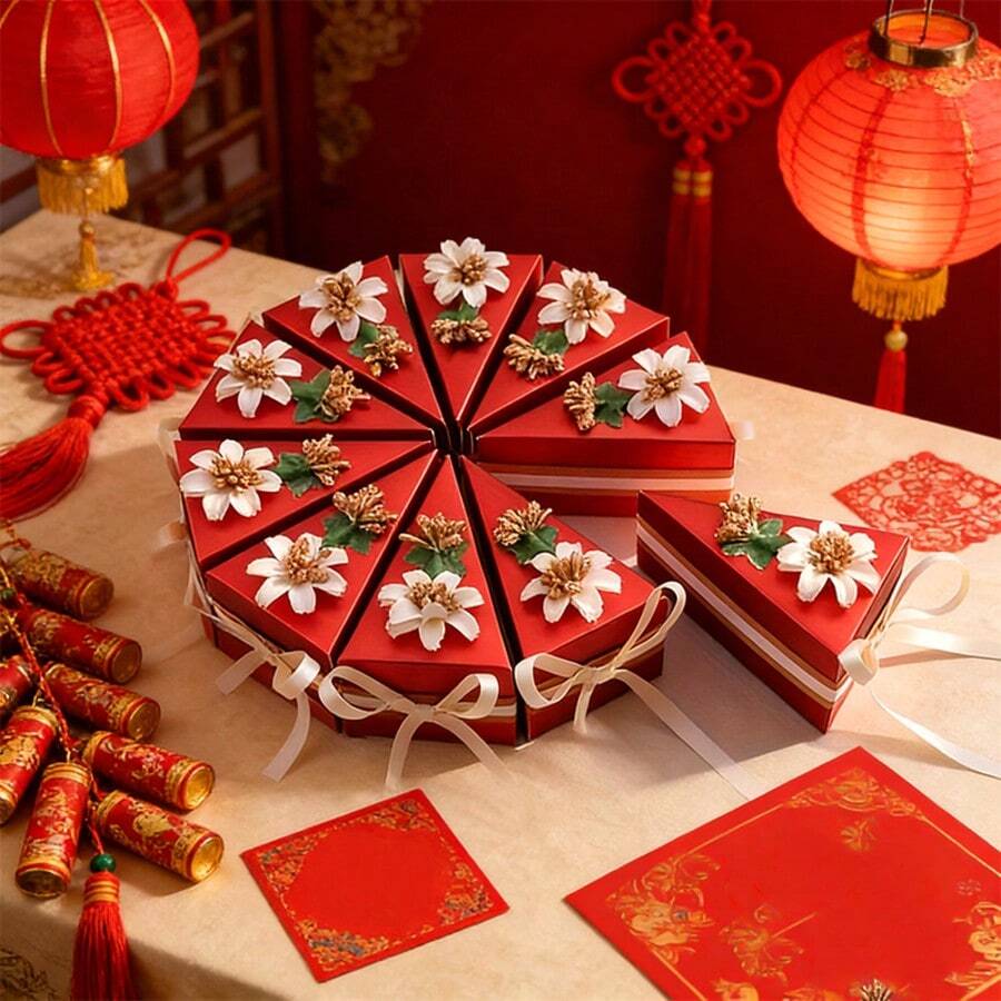 10个装三角形蛋糕造型糖果盒，带蝴蝶结，适用于婚礼、生日派对等场合，是婚礼装饰、小型企业用品、包装、婚礼回礼、礼品盒、接待装饰、婚礼用品、派对回礼的理想之选。