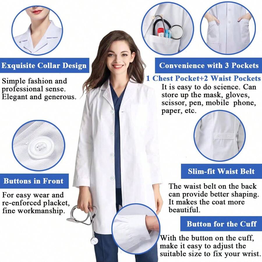 Long Sleeve Turndown Collar Multi-Pocket White Lab Coat, /Beauty Salon Scrub Nurse Uniform, Cosplay Jacket - White - View 1