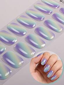16片半固化凝胶美甲贴，紫绿色渐变猫眼条纹凝胶美甲贴，沙龙品质，需配合UV灯使用，女士约会、居家DIY美甲贴纸、美甲用品 - 淡紫色 - 查看 2