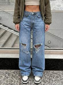 Women's Relaxed Distressed Loose Straight Leg Stacked Jeans - 中等水洗藍 - 查看 3