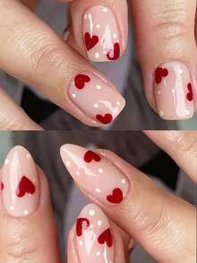 48片Y2K裸粉色方形和杏仁形假指甲，红色爱心和白色波点设计，全覆盖假指甲套装，包含2个指甲锉和2张指甲胶贴，适合作为送给女孩、妈妈的礼物，也适合批发美甲用品，适合节日、派对、约会和日常佩戴。 - 彩色 - 查看 10