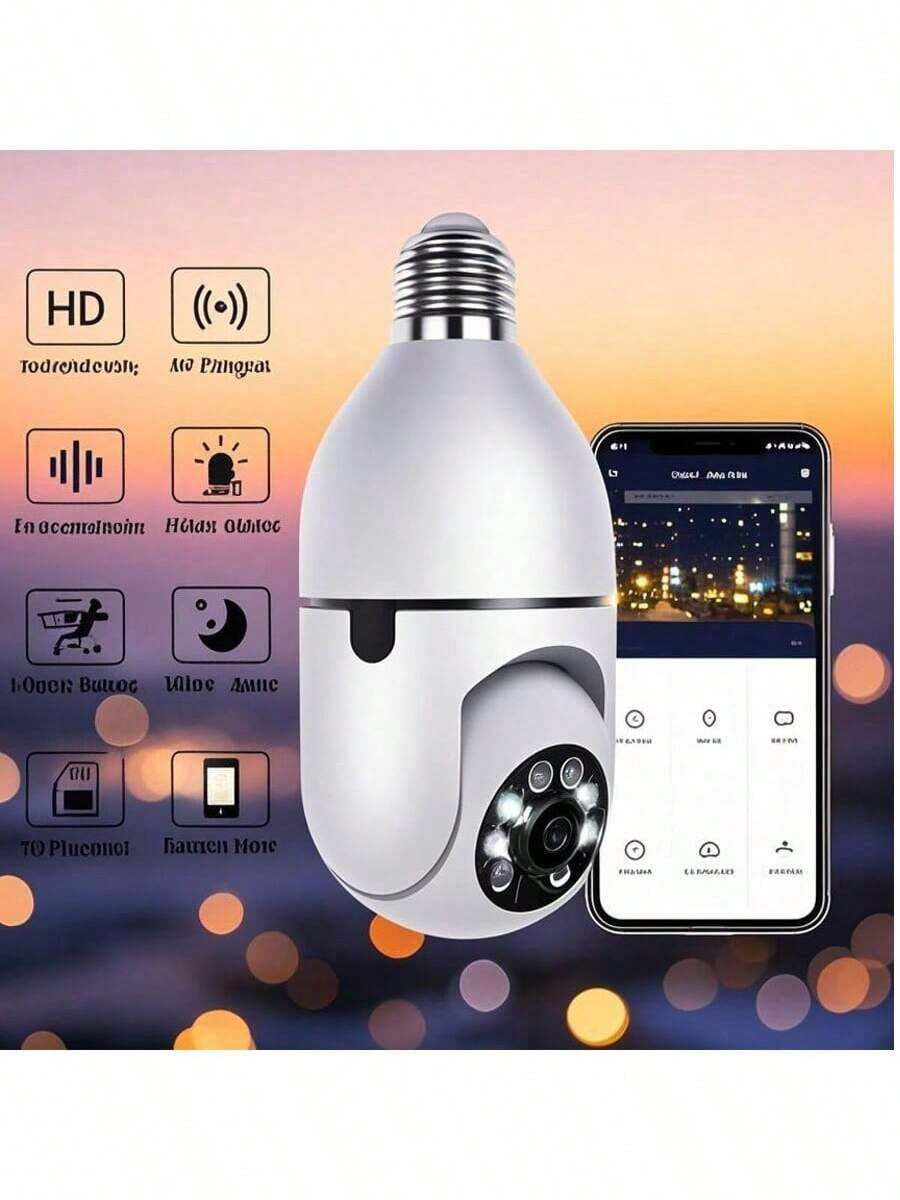 这款创新型灯泡摄像头采用ABS材质，具备360°全景监控、超清晰全彩夜视、探测报警推送通知、移动侦测和双向语音通话功能。您可以通过手机上的2.4GHz 1080P网络远程监控室内/室外情况。它是一款适合在家中监控老人、婴儿和宠物的安全摄像头，也是圣诞节、周年纪念日或家庭聚会的理想礼物。