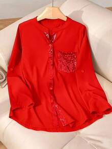 Áo sơ mi dài tay màu đỏ tối giản đính sequin dành cho nữ cỡ lớn, thích hợp mặc hàng ngày, mùa xuân/hè. - Đỏ - Xem 2