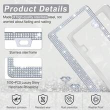 [Free Shipping]Bling License Plate Frame For Women, 2Pack Rhinestone Handcrafted Crystal Premium Stainless Steel, Stainless Steel Car Accessories With Diamond Sparkle Glitter Caps (White),2pc,White - White - 查看 4