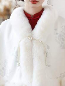 1pc Bridal Cheongsam Shawl, Women's Winter Thick Warm Cloak, New Chinese Style Elegant Soft White - A - View 7