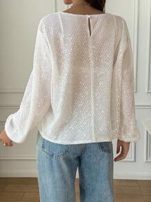 New White Sequin Sheer Blouse, Elegant Round Neck Lantern Sleeve Design, Button Back Loose Flattering Soft Casual Long Sleeve Shirt For Women - White - View 5