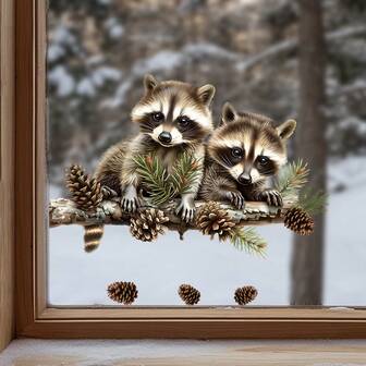 สติกเกอร์ติดหน้าต่างลายแรคคูนและลูกสนน่ารัก | สติกเกอร์ตกแต่งกระจก, ลายสัตว์น่ารักสมจริง, กันน้ำ ติดง่าย, เพิ่มบรรยากาศอบอุ่นและผ่อนคลายได้ทันที