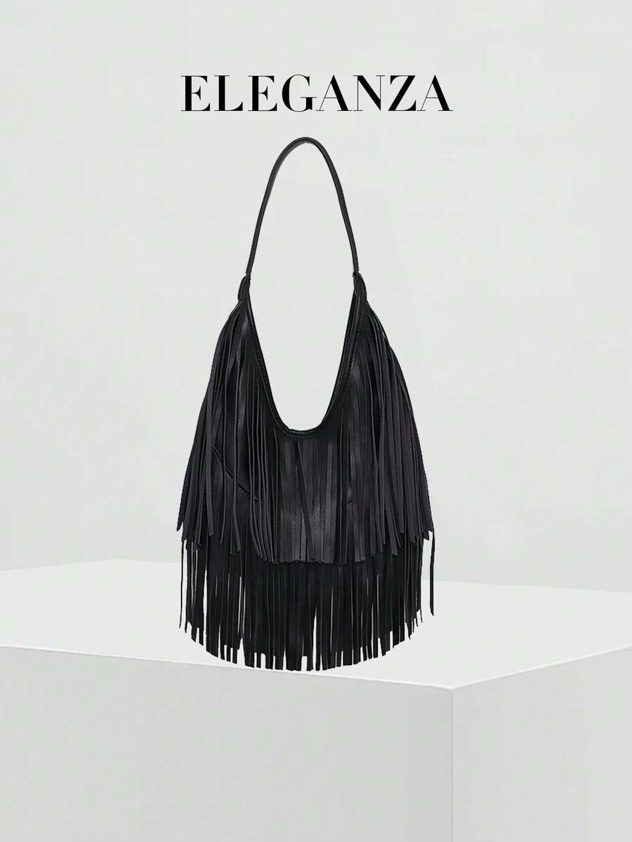 流苏装饰女士手提包，时尚单肩包，大容量休闲腋下手提包，适合通勤、休闲、日常、旅行、购物，可搭配T恤、连帽衫、衬衫、牛仔裤、连衣裙、外套 - 彩色 - 查看 1