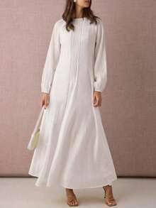 Women's Solid Color Round Neck Elastic Cuff Long Dress With Shoulder Insert, Suitable For Spring And Autumn White Elegant - White - View 1