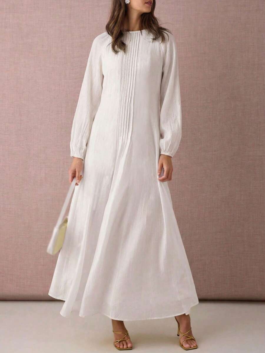 Women's Solid Color Round Neck Elastic Cuff Long Dress With Shoulder Insert, Suitable For Spring And Autumn White Elegant - White - View 1