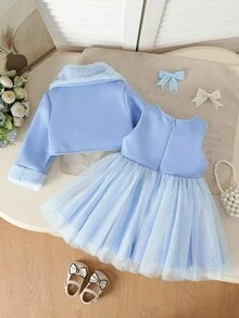 Bộ 2 món dễ thương, thanh lịch cho bé gái: váy lưới chữ A không tay cổ tròn thắt nơ và áo khoác cardigan dài tay họa tiết hoa, thích hợp cho các hoạt động hàng ngày, mùa xuân và mùa thu. - Màu xanh lam - Xem 3