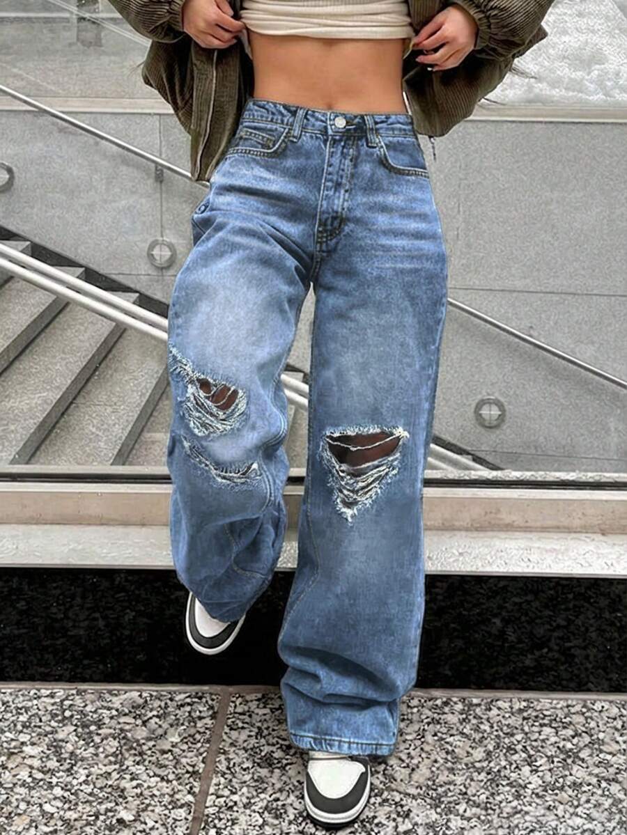 Women's Relaxed Distressed Loose Straight Leg Stacked Jeans - 中等水洗藍 - 查看 1
