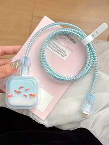 5pcs Gradient Blue Koi Fish TPU Charging Cable & Adapter Protector Case Set, Compatible With IPhone 17 Pro Max/40W Charger, Fast Charging - Multicolor - View 2