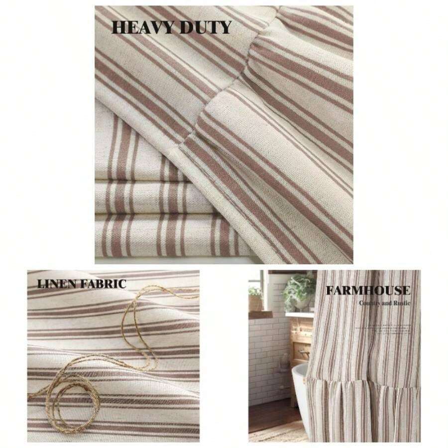 Farmhouse Shower Curtain With Ruffle Hem Linen Shower Curtains Bathroom Country Vintage Rustic Natural Fabric, - Brown Stripe 72 Inchx 72 Inch L - Sọc màu kem nâu + 72"W x 72"L - Xem 1