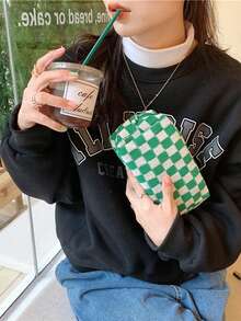 1pc Checkered Brown & Beige Octagonal Large Capacity Handheld Makeup Bag, Checkerboard Cosmetic Bag, Suitable For Wallet, Portable Zipper Makeup Pouch, Small Cosmetic Bag, Suitable For Travel Accessories, Coffee Color, Classic,Pouch,Makeup Pouch,Travel Essential - Multicolor - View 4