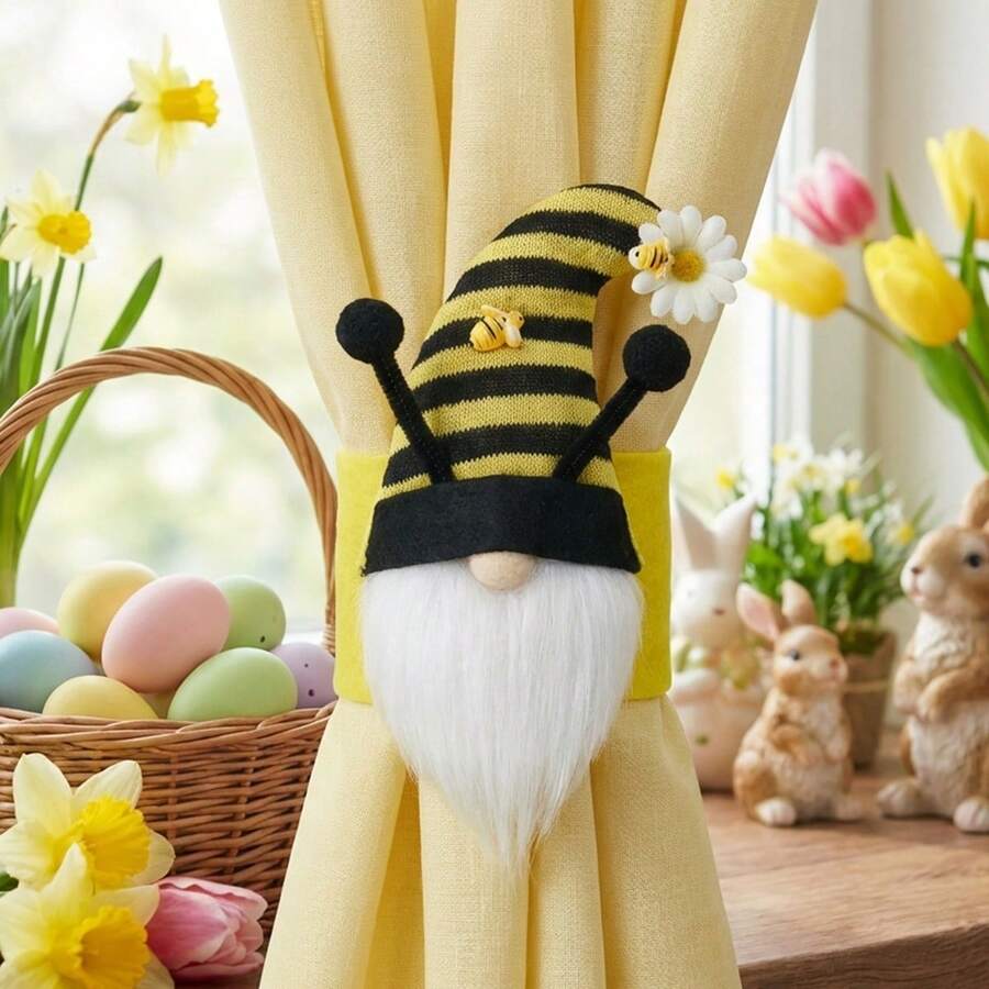 Alzapaños para cortinas con diseño de gnomo, diseño creativo de abeja y conejo, decoración festiva para ventanas, hogar, sala de estar y dormitorio. - Negro - Ver 1