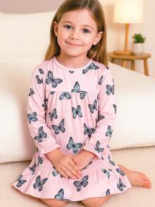 New Girls' Sleepwear, Dreamy Pink & Blue Butterfly Print Girls' Nightgown, Sweet Round Neck Ruffle Hem Casual Comfortable Girls' Dress - Pink - View 1