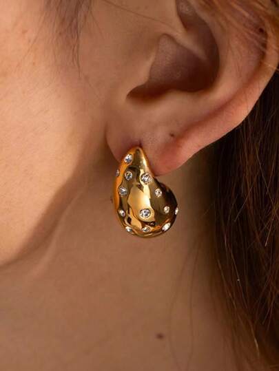 1 Pair Fashion Stainless Steel Water Drop Stud Earrings Decorated With Shining Exquisite Rhinestone Suitable Woman Dinner Party Wear Can Promote Elegant