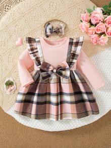 Baby Girls Valentine's Day Red Plaid Cute Bow Plaid Patchwork Ruffle Hem Long Sleeve Dress + Bow Hair Scrunchie - Pink - View 2