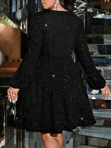 Maxikleid für Damen in Große Größen mit langen Ärmeln, Pailletten, elegantes Design mit V-Ausschnitt und Taillierung, A-Linie Silhouette, geeignet für Bankette, Abendpartys, festliche Anlässe