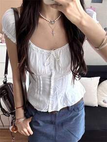 Women Lace Trim Y2k Coquette Shirt Cap Sleeve Button Down Slim Fit Fairy Crop Top For Teen Girls - trắng - Xem 9