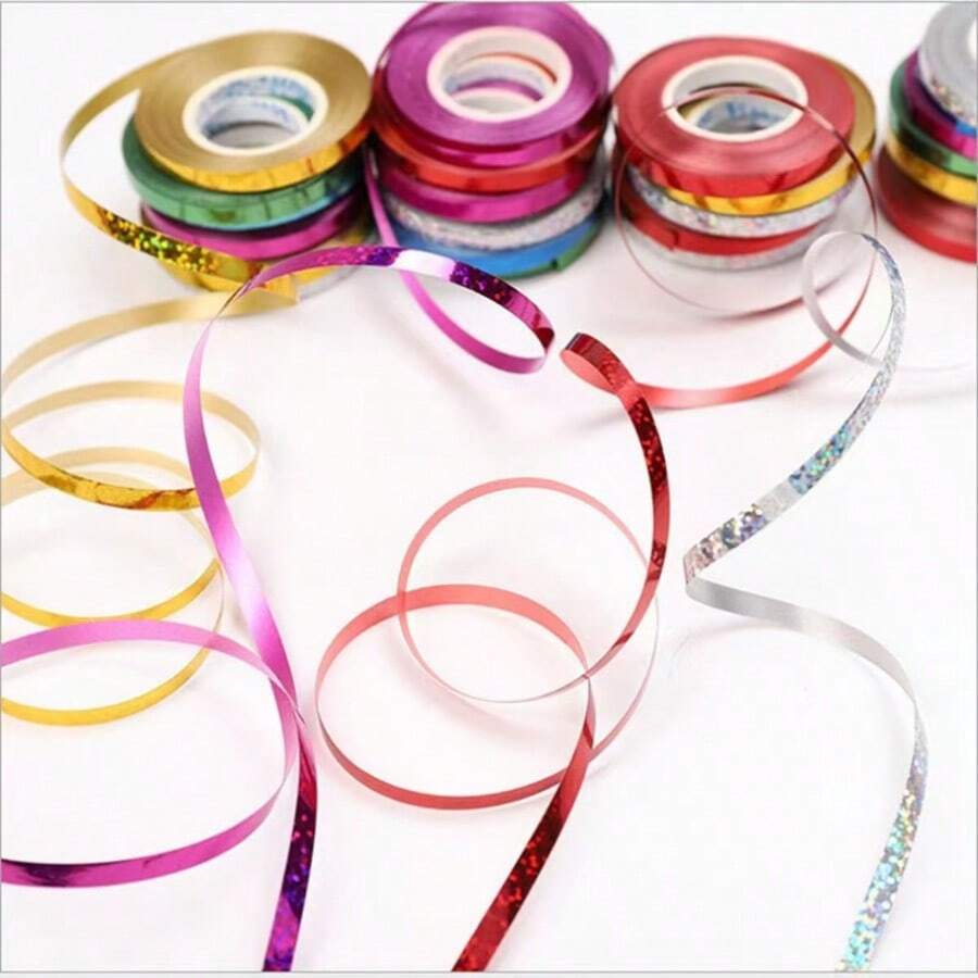10pcs/1roll/5rolls Curled Ribbon, Embossed Curled Ribbon, Metallic Balloon String Decorative Tape, For Gift Wrapping, Shiny Curled Balloon Ribbon Mix Glitter Laser Party Balloon Ribbon And String, Suitable For Valentine's Day, Birthday, Wedding Party Holiday Decoration, Arts & Crafts (10m/Roll)