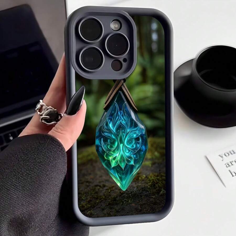 Cubierta de telefono con borde negro y diseño de cristal mágico azul verde para iPhone 14 Pro Max estilo fantasia ideal para amantes de la magia y el arte digital - Burdeos - Ver 1