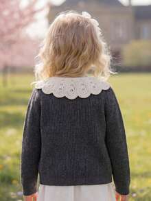 Tween Girl Knitted Embroidered Collar Button Up Cardigan Sweater