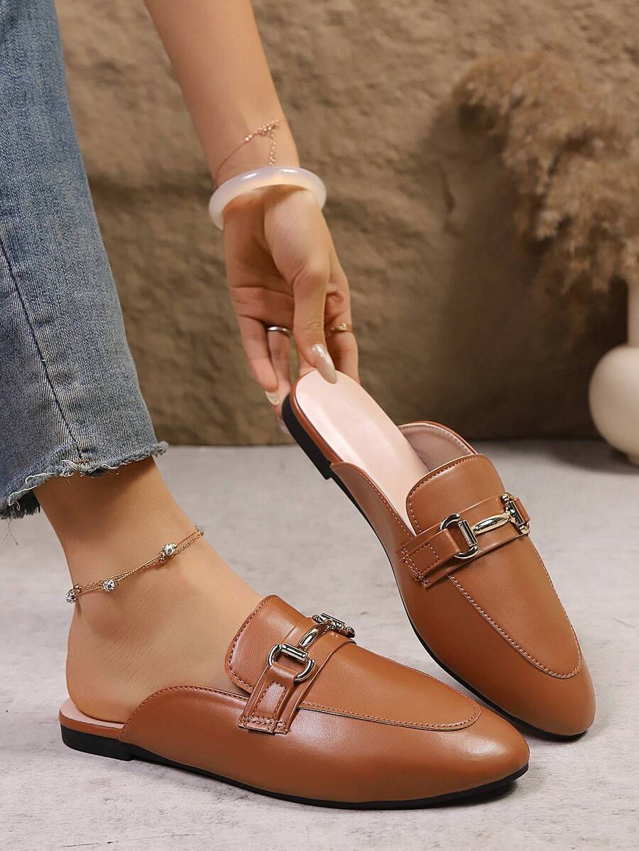 青少年新款金属扣装饰一脚蹬鞋，简约时尚，适合日常穿着、校园活动、休闲漫步 - 棕色金属扣穆勒鞋，经典黑色金属扣穆勒鞋