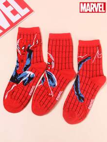 3 Pairs Marvel Superhero Spider-Man Design Sports Socks, Red Mid-Calf Socks, Cartoon Style, Unisex, Suitable For Spring, Summer, Autumn And Winter - Multicolor - View 1