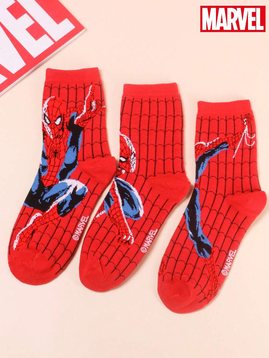 3 Pairs Marvel Superhero Spider-Man Design Sports Socks, Red Mid-Calf Socks, Cartoon Style, Unisex, Suitable For Spring, Summer, Autumn And Winter - Multicolor - View 1