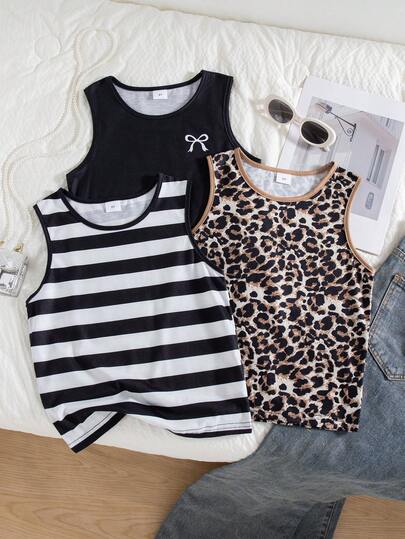 3pcs/Set Girls Casual Sleeveless Tops, Fashionable Stripe, Leopard Print, Bow Decor Patterns, Summer