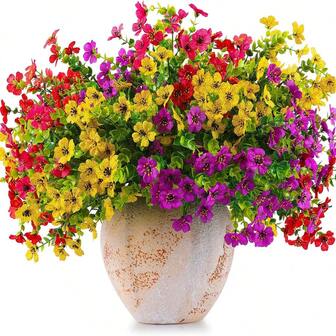 12 Bundles Artificial Flowers For Outdoor Indoor Garden Home Decoration, Springsummer Decoration, Colorful Violet Daisy Fake Eucalyptus Leaves, Green Boxwood Porch Terrace Flowerpot, Window Sill Box Decoration Fake Plant (Pink Purple Yellow Redmixed)