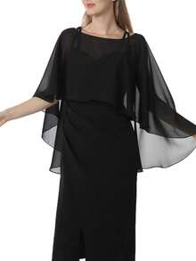 1pc Women's Elegant Solid Color Shawl Collar Scarf, Front Short Back Long Fashionable Chiffon Poncho Shawl, Suitable For Weddings, Formal Events, Black Series - Black - View 2