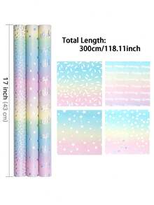 3M/卷，全息生日包装纸卷套装，炫彩闪亮彩虹箔纸礼品包装纸，带圆点、星星、彩纸屑和“生日快乐”字样，3卷装，17英寸 x 118英寸 - 彩色 - 查看 2