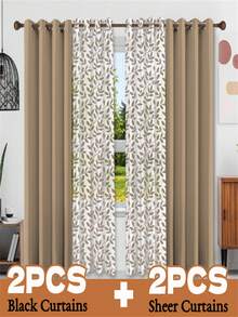 4-Piece Mix And Match Curtain Set - 2 Leaf Print Sheer Curtains + 2 Blackout Curtains (Grommet Window Drapes For Bedroom & Living Room) - Khaki - View 15