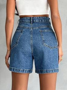 Women's High-Waisted Pleated Denim Shorts Vintage Wash Baggy Wide-Leg Jean Shorts - 藍色 - 查看 2