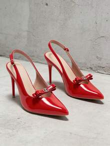 French Style Pointed Toe Slip-On Pumps For Women, Bowknot Decor, Sexy High Heel Closed Toe Shoes - Red - View 8