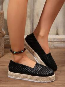 FVPFVP 新款休闲亚麻底鞋，手工时尚百搭草编亚麻布鞋，吸汗透气一脚蹬乐福鞋 - 黑色 - 查看 7