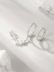 3Pcs Irregular Zirconia 925 Sterling Silver Star Earring For Women Ins Style Piercing Hoop Earring Suitable For Wedding Bridal Jewelry