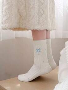 3 Pairs Winter Thick Warm Socks For Women, Blue Cartoon Bear Embroidery & Bow Design, Random Delivery - Multicolor - View 4