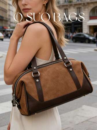 1个拼接PU皮革休闲多功能大容量手提包，复古通勤单肩包，适合购物、工作和通勤。