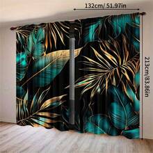 2pcs Blackout Tropical Palm Leaf Curtains - Woven Polyester Linen-Like, With Rod Pocket, Modern Style, Machine Washable, Bedroom Embossed Floral Print - Multicolor - View 14