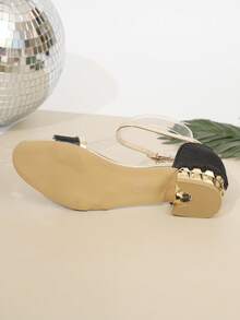 1 Pair Teens' Flashy Black Gold Silver Color Block Chunky Heel Sandals, Girls' Sweet & Edgy Open Toe High Heels, Student Party Date Outdoor Wear Teenage High Heel Sandals - Black - View 11