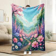 A Cozy Floral Flannel Blanket - Perfect For All Seasons, Great For Camping, Traveling, Bed, Christmas And Halloween - Black - View 1