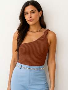 Women's Cropped Blouse Tricot Modal One Shoulder Mule Manca Hole Side Knot Summer Premium - 鏽棕色 - 查看 3