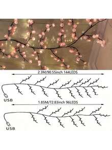 96/144 luces LED en forma de rama de cerezo, luces de hadas rosas DIY, 8 modos de iluminación, vides flexibles alimentadas por USB, adecuadas para dormitorio, decoración de pared, fiesta, boda y estética del hogar - Flores de cerezo caseras - Ver 12